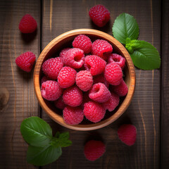 Organic, natural, fresh and healthy red raspberries in a fruit bowl, wooden fruit background 