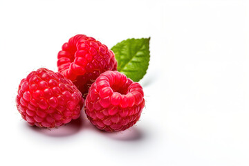 Organic, natural, fresh and healthy red raspberries white fruit background 