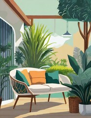  flat art exterior postcard design garden at house modern room with sofa