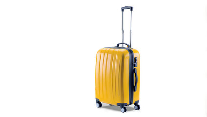 Bright yellow, hefty travel suitcase, standing alone with its shadow, presented as a clear-cut image on a transparent backdrop Generative AI
