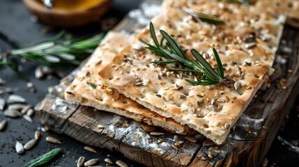 Crispy flatbread with rosemary and seeds on a rustic wooden board. artisan snack in a dark moody kitchen setting. ideal for food blogs and menus. AI - obrazy, fototapety, plakaty