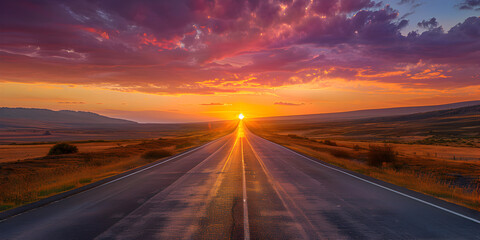Empty asphalt road with clouds in sky at sunrise - obrazy, fototapety, plakaty