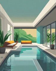 flat art exterior postcard design swimming pool at house modern room with sofa