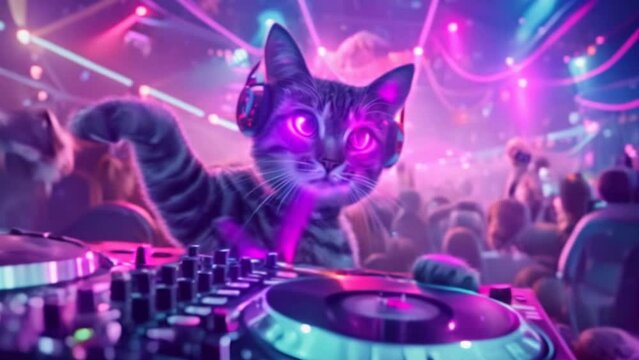 A cat wearing headphones spins a track while playing a track disc as a DJ in a pub.