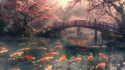Tranquil koi pond with blossoming cherry trees and wooden bridge. romantic landscape scene for relaxation or background use. AI