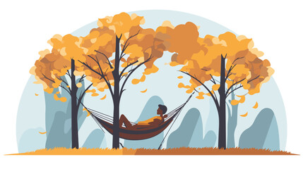 A boy sleeping on a hammock between two trees outside
