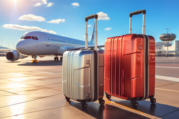 Suitcases and travel bags are placed on the runway of the airport. In the background is a large passenger plane, arranged in a design that evokes a sense of travel. Travel planning and journey concept - obrazy, fototapety, plakaty