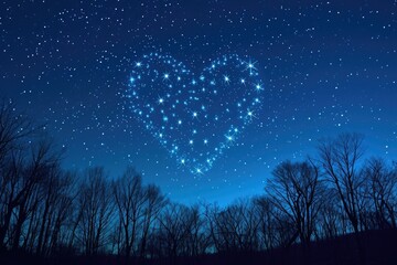 A heart-shaped star glows brightly against the dark night sky, casting a mesmerizing celestial display, A starry night sky with heart-shaped constellations for Valentine's Day, AI Generated - obrazy, fototapety, plakaty