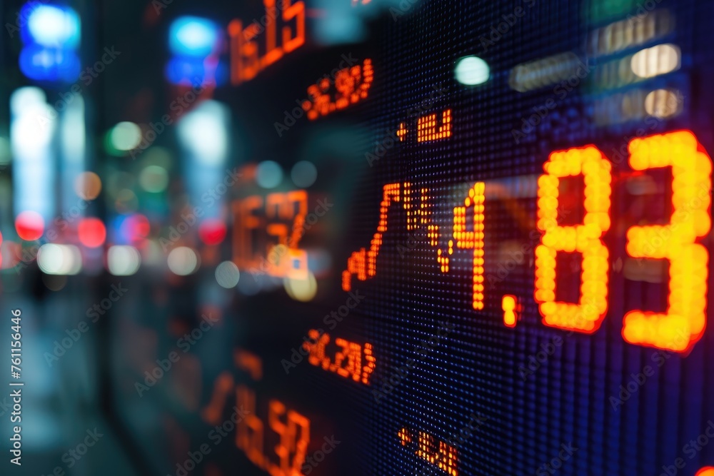 Poster a close up view of a white digital alarm clock displaying the time with red digits, a stock ticker b