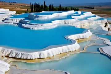 Fotobehang The surreal beauty of Turkey s Pamukkale, with terraced pools of milky blue water cascading down a white travertine mountainside © Big