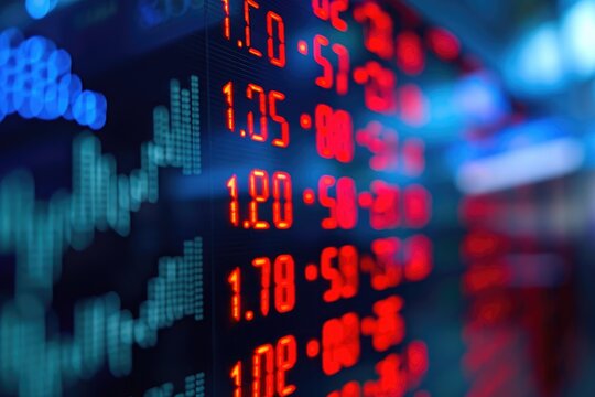 This close-up photograph captures a digital display presenting an array of numeric values in clear, legible detail, A stock ticker board showing fluctuating values, AI Generated