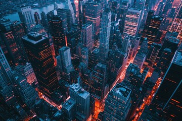 Aerial View of a City at Night, Showing Skyscrapers and City Lights, A stunning aerial perspective of a glowing city skyline at dusk, AI Generated