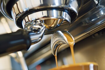 Golden Espresso Stream Flowing from Machine, Close-Up View