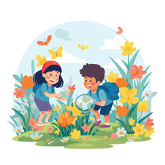 A joyful Easter egg hunt illustration with children