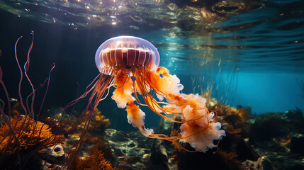 A photo of a bright, beautiful jellyfish swimming in the ocean. Generative AI