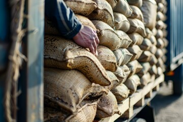Preparation for Delivery: Loading Coffee Bags onto Truck, Close View