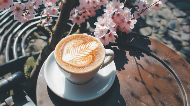 A cup of coffee with latte art on the table and cherry blossom flower.