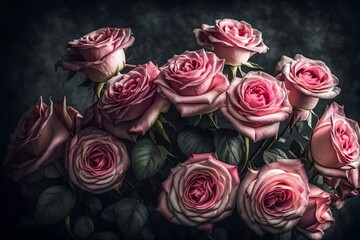 Beautiful bouquet of pink roses, flowers on a dark background.