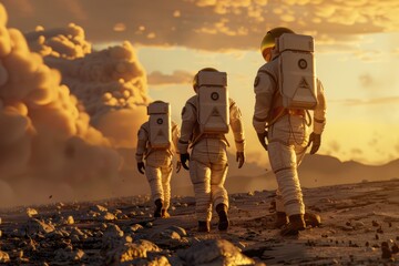 astronauts in spacesuits walk on the planet Mars. space travel, space exploration, flight to Mars, Colonization, Mars exploration