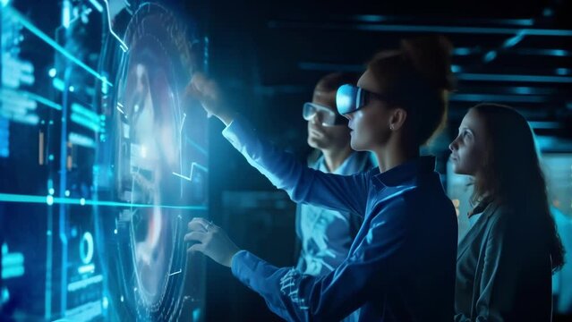An image of a group of holographic advisors collaborating on a virtual whiteboard showcasing the potential for enhanced teamwork and efficiency in wealth management through