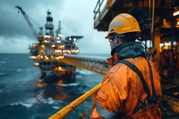 Offshore Oil Rig Worker Looking at the Sea. Offshore oil rig worker in a safety harness overlooks the ocean, reflective during operations.