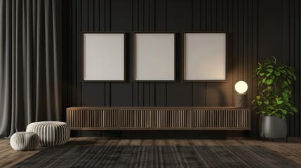 mockup of photo frames and low cabinet with dark wall background, modern living room design, 3d render, 3d illustration