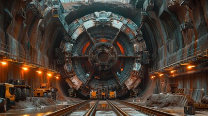 Giant Tunnel Boring Machine in Underground Construction. An enormous tunnel boring machine with detailed components sits idle in an underground construction site, surrounded by excavation equipment. - obrazy, fototapety, plakaty