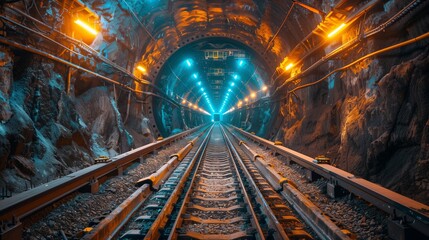 Illuminated Underground Tunnel with Railway Tracks. Railway tracks extend into the illuminated depth of an underground tunnel, showcasing the scale of tunnel construction. - obrazy, fototapety, plakaty