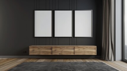 Fototapeta premium mockup of 3 frames and low cabinet with dark wall background, modern home interior design, 3d render, 3d illustration
