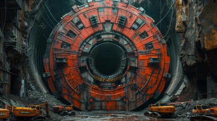 Tunnel Boring Machine Front View in Rock Excavation Site. Frontal view of a tunnel boring machine at a rock excavation site, with construction vehicles scattered around. - obrazy, fototapety, plakaty