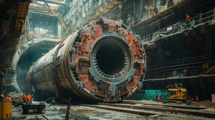Underground Tunnel Boring Machine at Large Construction Site. Workers and construction equipment gather around a tunnel boring machine at a vast underground construction site.