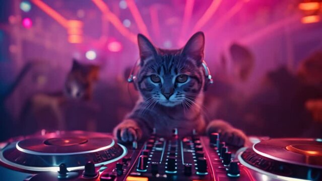 A cat wearing headphones spins a track while playing a track disc as a DJ in a pub.