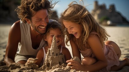 An exciting blissful family vacation on the beach. a family with children enjoying the sun, sand and sea. Generative AI - obrazy, fototapety, plakaty