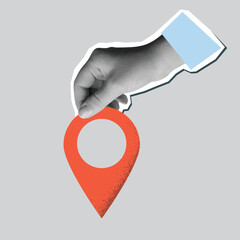 Black and white hand holds a red location pin. Destination sign in an arm in a modern collage style. Vector illustration - 761158495