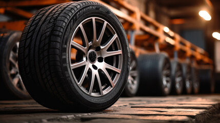 Close-up, Horizontal photo of a black tire with a car disc in an auto repair shop, garage. Spare parts, Replacement of summer and winter tires, Business, Car service workshop, preventive maintenance.