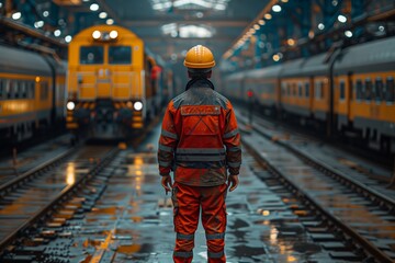 Railway Worker Observing Approaching Train. Railway worker in reflective clothing stands on the tracks, observing an approaching yellow train in a maintenance depot. - obrazy, fototapety, plakaty
