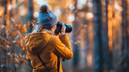 Rear view of female tourist in yellow jacket with DSLR camera standing in autumn forest. Girl photographs a picturesque landscape. Adventure, travel and vacation concept. - Powered by Adobe