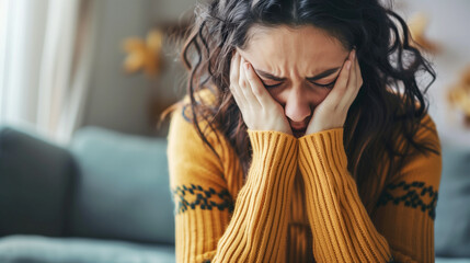 Close-up portrait of  sad miserable sullen depressed girl sitting touching head thinking 