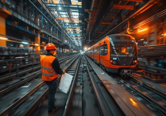 Engineer Reviewing Plans on Urban Train Platform. Engineer clad in an orange safety vest reviews technical plans on an urban train platform with a passing train.