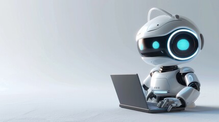 Cute friendly artificial intelligence robot using laptop computer with white neon glow light, light grey background, chatbot and AI assistant concept futuristic technology 3d illustration, banner