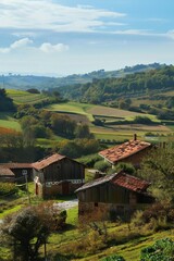 Obraz premium Embark on a journey through a picturesque countryside dotted with rolling hills and quaint farmhouses with a nature background, capturing the essence of rural charm, Generative AI