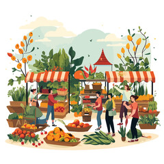 A lively farmers market with stalls selling fresh p