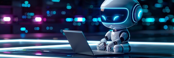 Cute friendly artificial intelligence robot using laptop computer with purple neon glow light,...