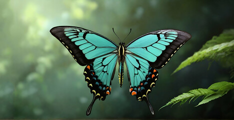 Coloful Butterfly Green swallowtail butterfly, Papilio palinurus in a rainforest ai generative