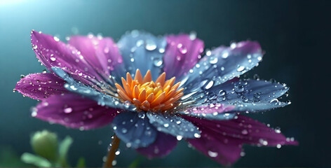 Obraz premium Beautiful drops of water morning dew on petal of blue chrysanthemum flower with summer spring reflection close-up macro in nature, rays of sunlight against ai generative