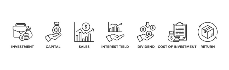 ROI banner web icon vector illustration concept for return on investment with icon of capital, sales, interest tield, dividend, cost of investment and return