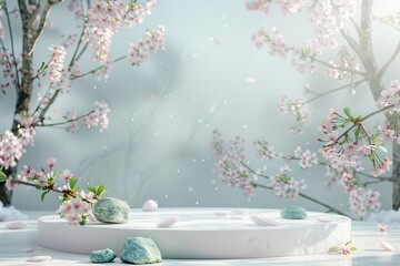 Pink Sakura Blossoms Blooming or Cherry Blossom with White Podium, background for product presentation