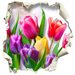 Tulip flowers field 3d hole in a wall, vibrant, beautiful, on a white background PNG