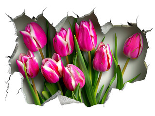 Tulip flowers field 3d hole in a wall, vibrant, beautiful, on a white background PNG