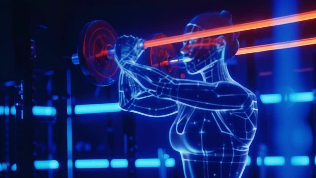 A holographic personal trainer demonstrating proper form and technique for weightlifting exercises.
